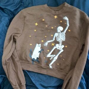 Playful Skeleton Graphic Brown Sweater